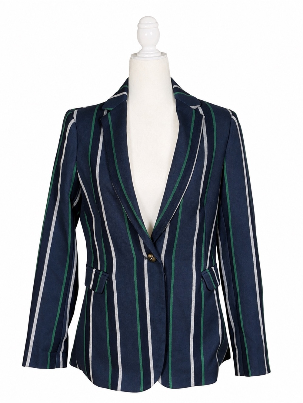 Mural Navy Blazer with Green and White Stripes
